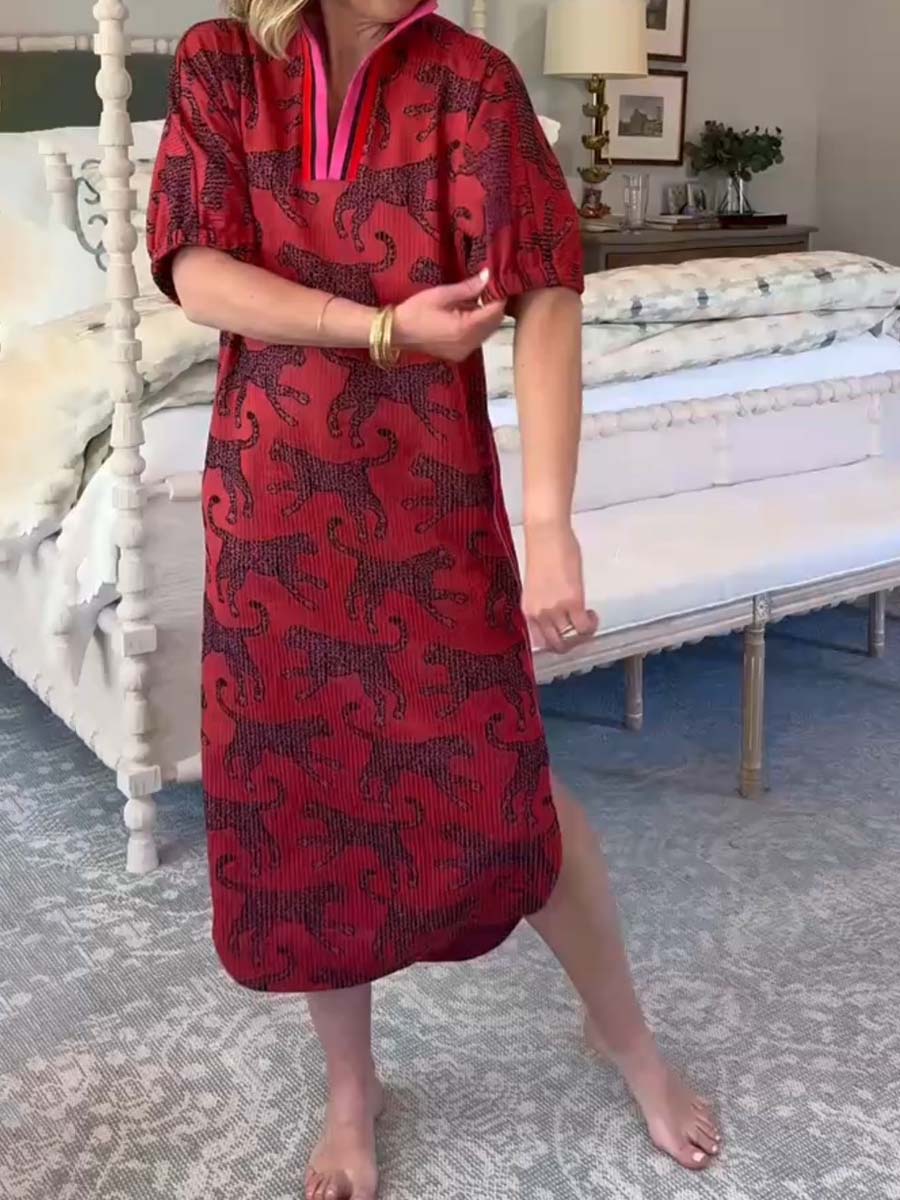 Stand Collar Printed Slit Hem Dress