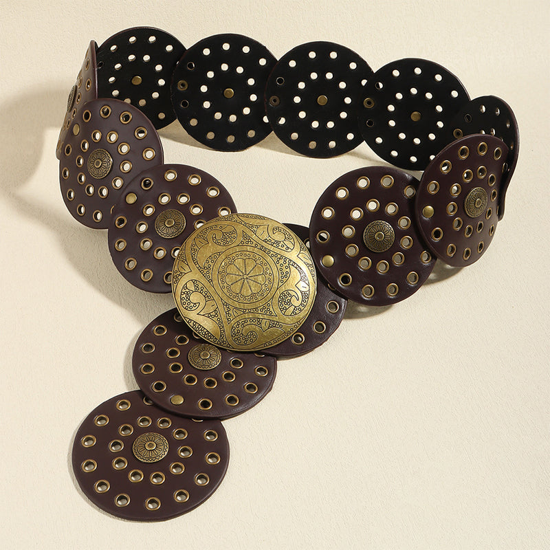 Retro Exaggerated Round Cutout Metal Wide Belt