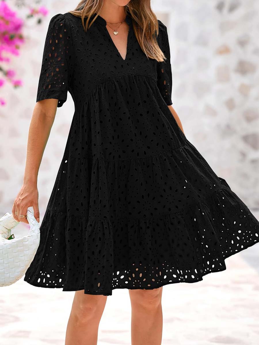 V-neck Hollow-out Embroidered Dress