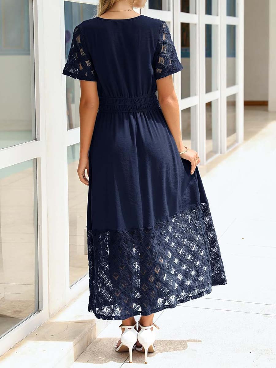 V-neck Lace Patchwork Maxi Dress