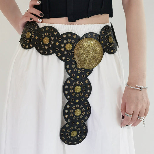 Retro Exaggerated Round Cutout Metal Wide Belt