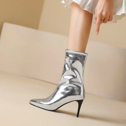 Patent Leather Point-Toe Mid-Boots