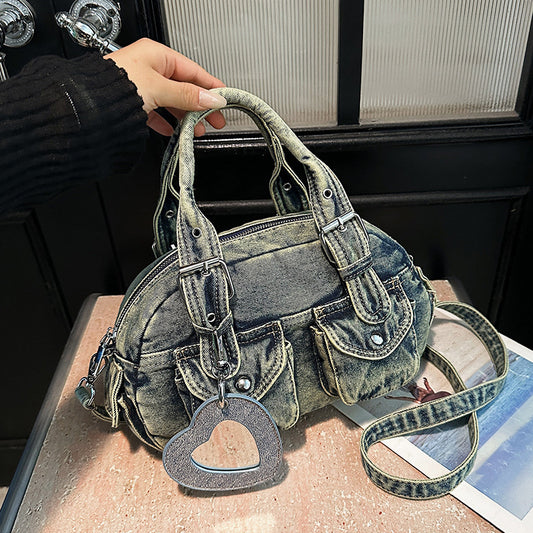 Washed Denim Multi-Pocket Crossbody Bag