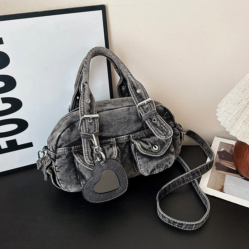 Washed Denim Multi-Pocket Crossbody Bag