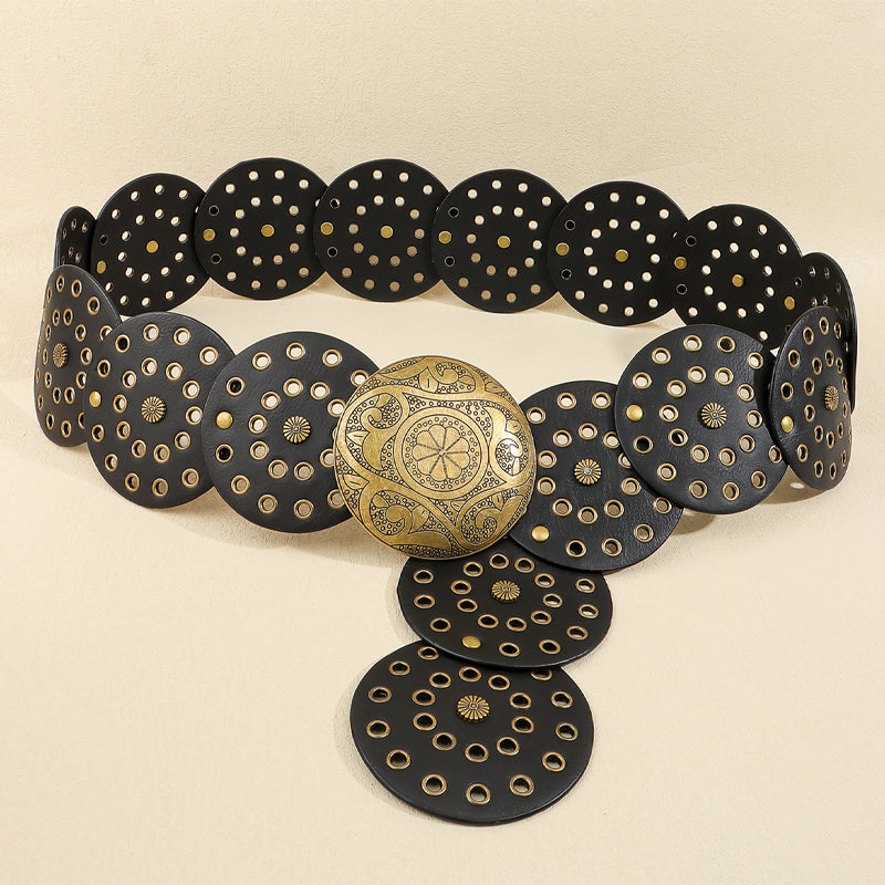 Retro Exaggerated Round Cutout Metal Wide Belt