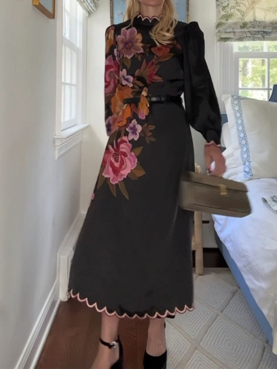 Elegant Flower Embroidered Scalloped Hem Dress