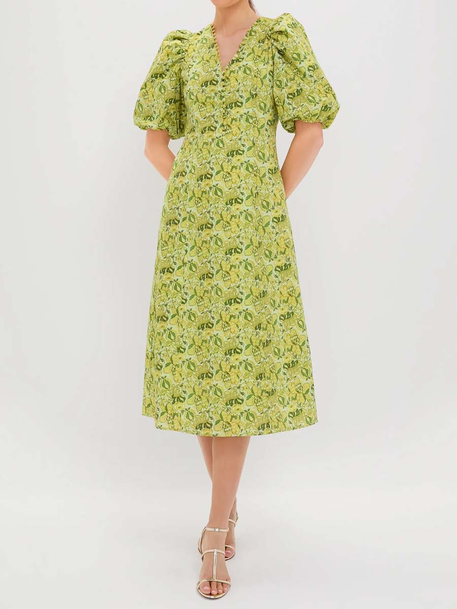 Floral Print V Neck Puff Sleeve Dress