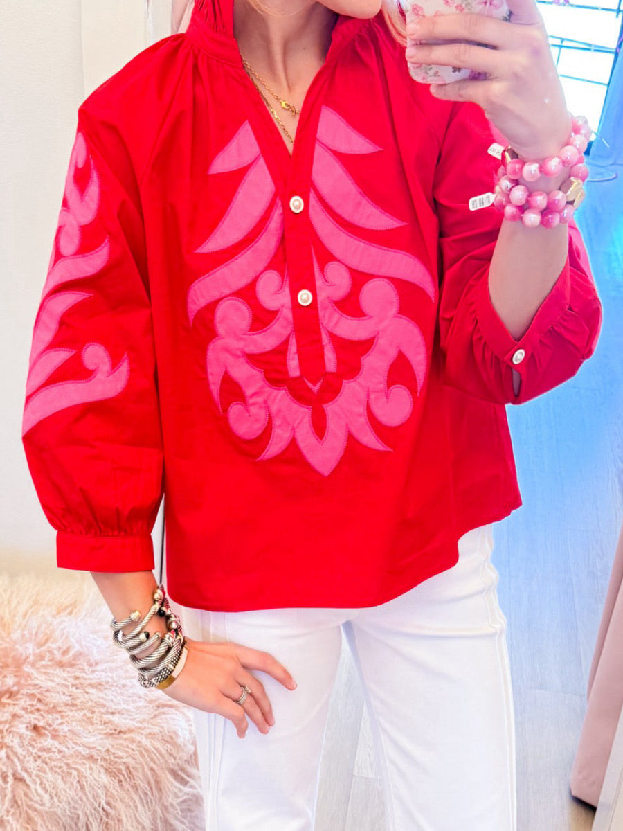 Ruffle Neck Printed Puff Sleeve Top