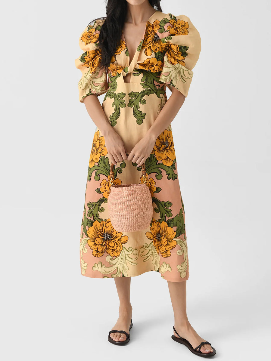Knotted Printed Short Sleeve Midi Dress