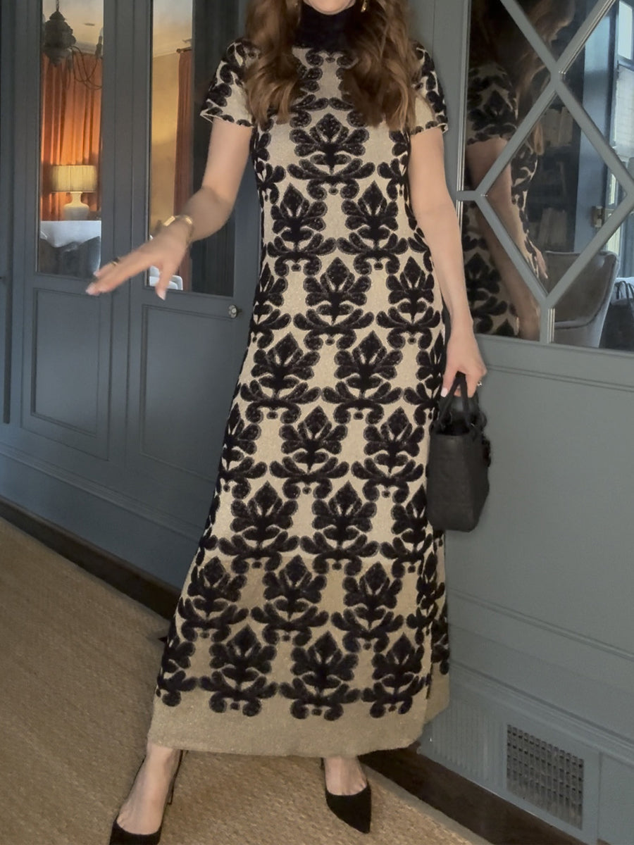 Mock Neck Open Back Short Sleeves Maxi Dress