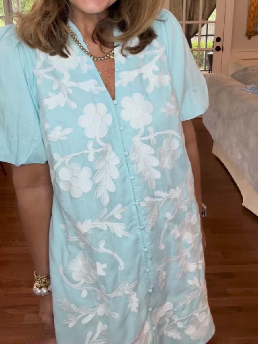 Button Up Embroidered Mini Dress