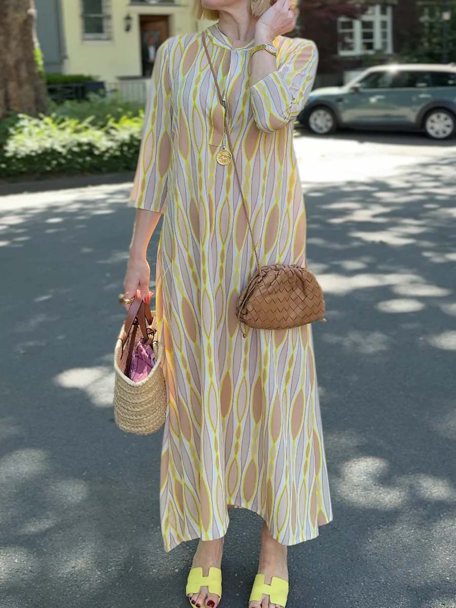 Elegant Printed Split Neck Dress