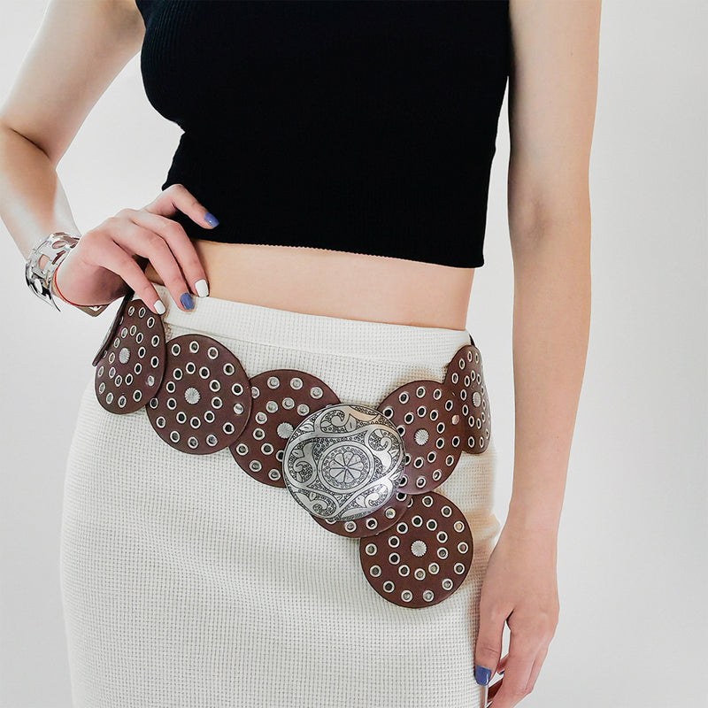 Retro Exaggerated Round Cutout Metal Wide Belt