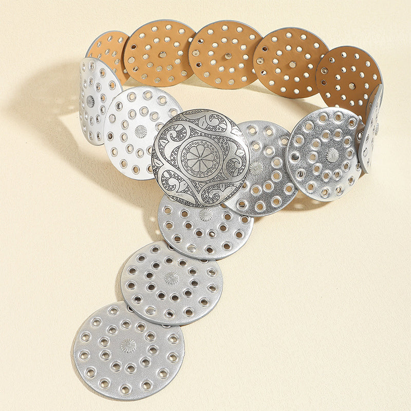 Retro Exaggerated Round Cutout Metal Wide Belt