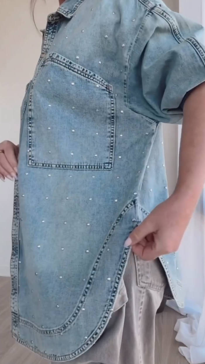 Pearl-Studded Oversized Denim Shirt