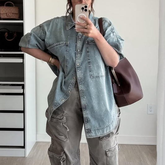 Pearl-Studded Oversized Denim Shirt