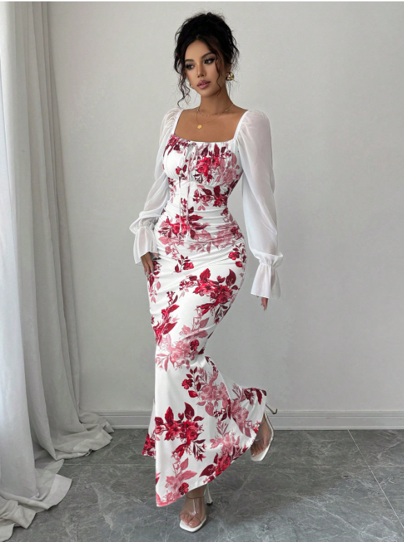 Women Square Neck Tie Bow Chiffon Puff Sleeve Dress-White Floral