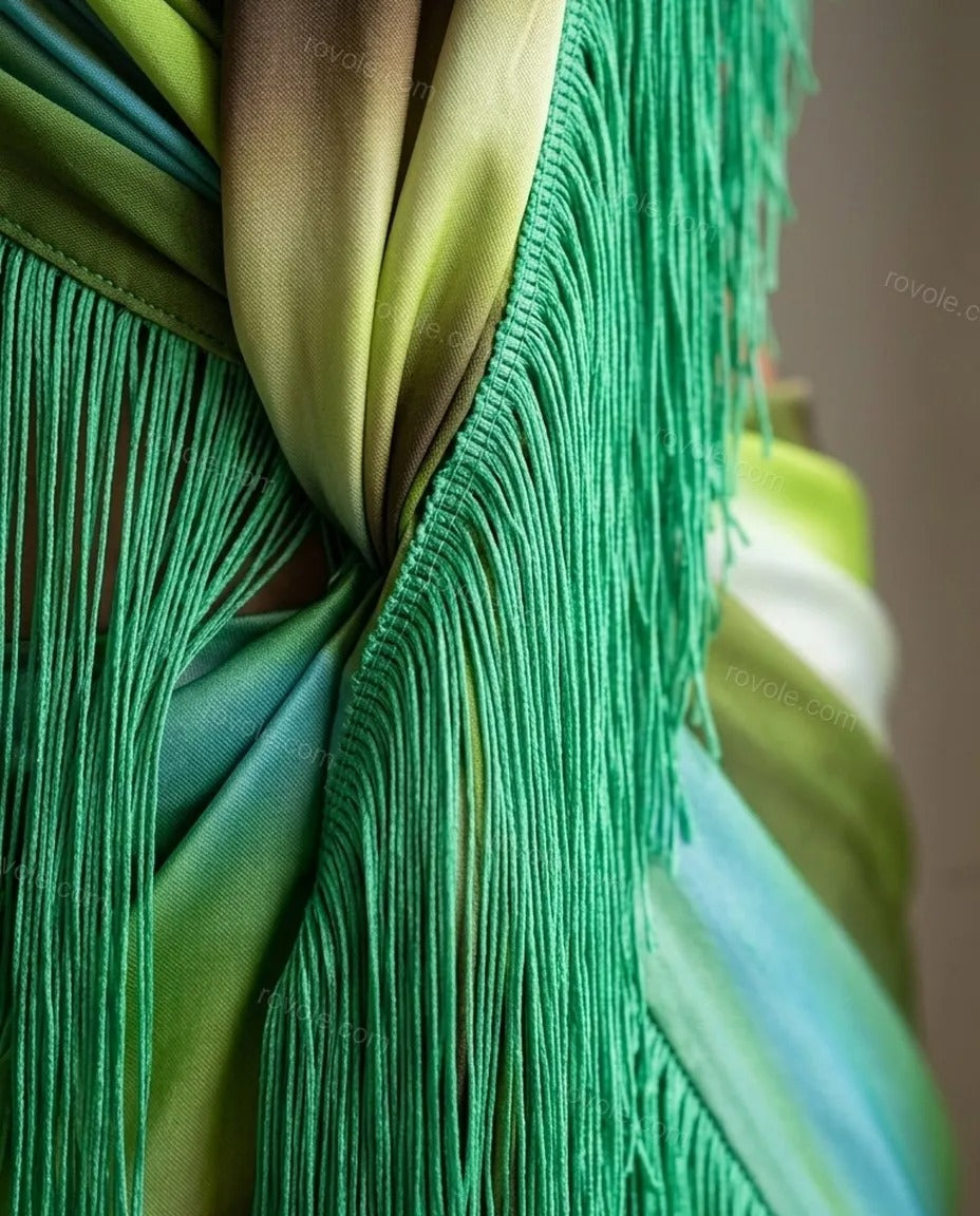 Halter Gradient Satin Fringe Slit Midi Dress