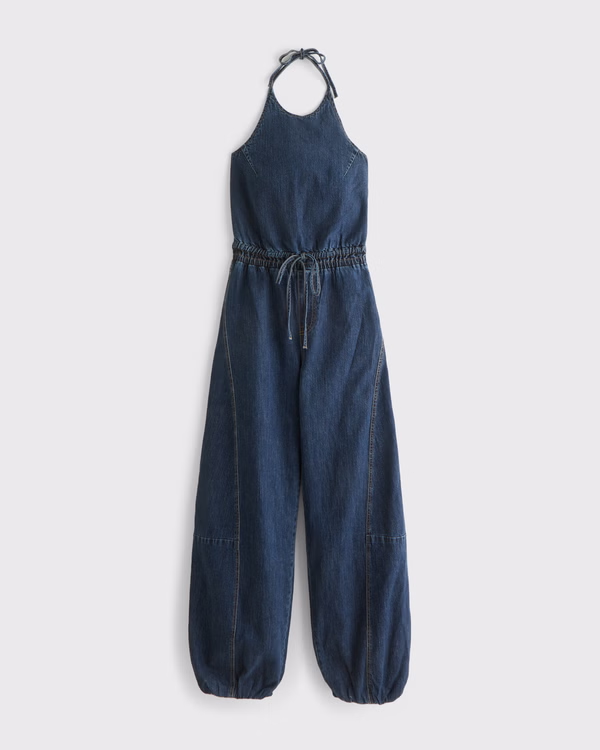High-Neck Linen-Blend Denim Balloon Leg Jumpsuit