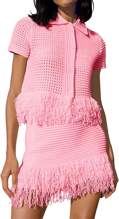 Knitted Fringed Top and Fringed Skirt Set