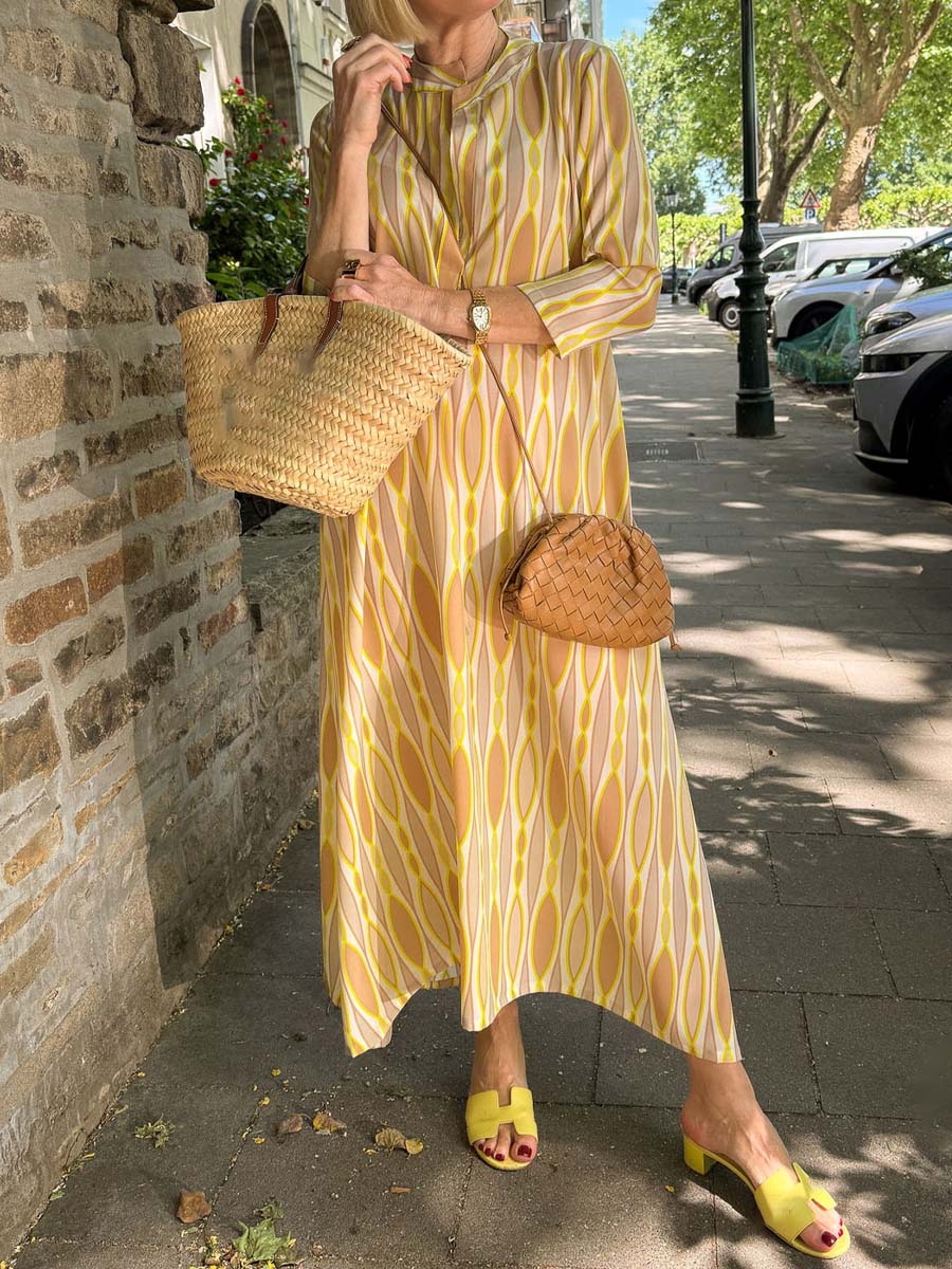 Elegant Printed Split Neck Dress