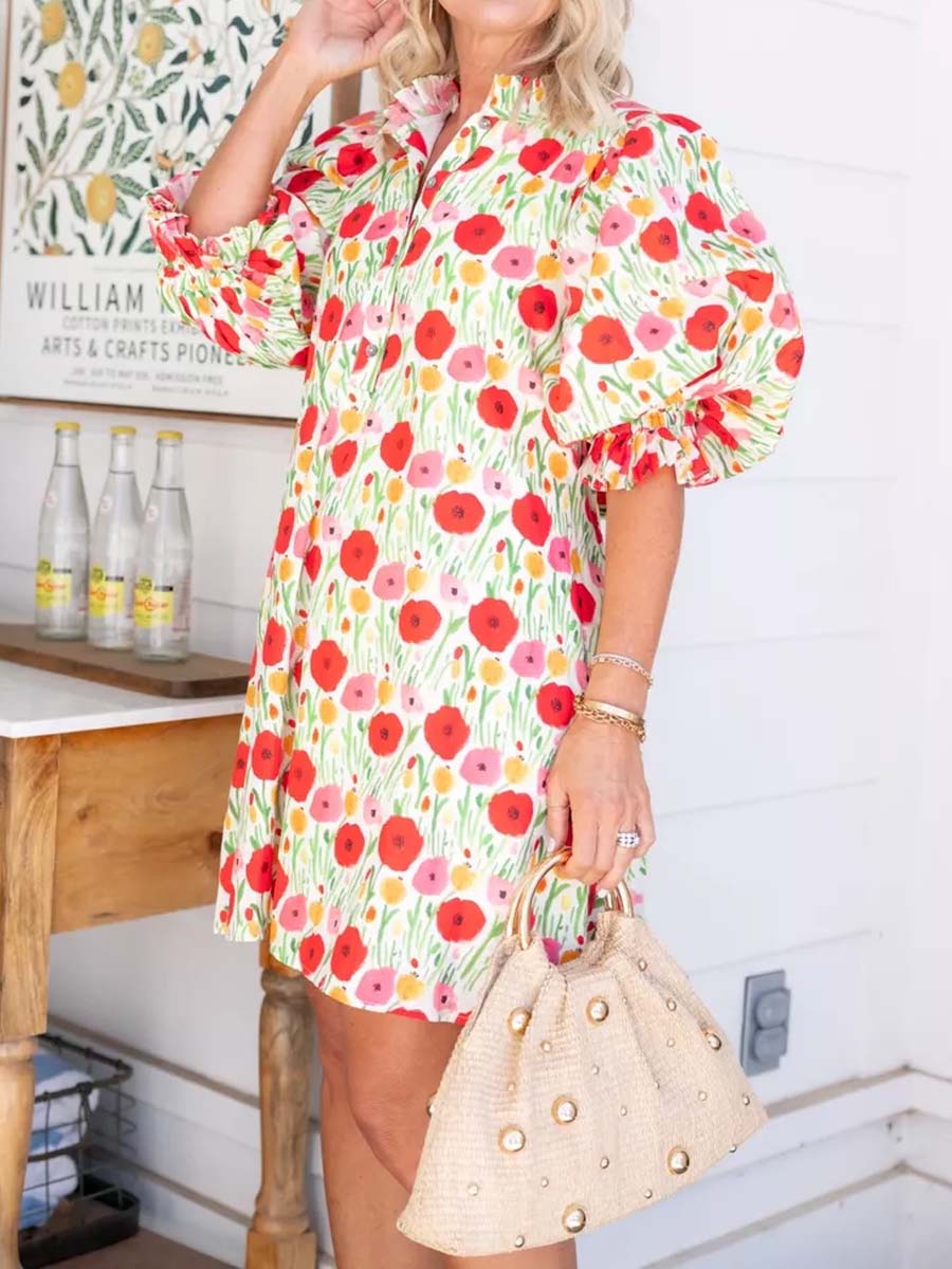 Floral Print Ruffled Collar Mini Dress
