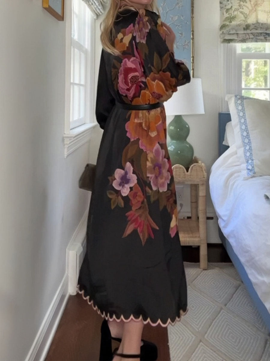 Elegant Flower Embroidered Scalloped Hem Dress