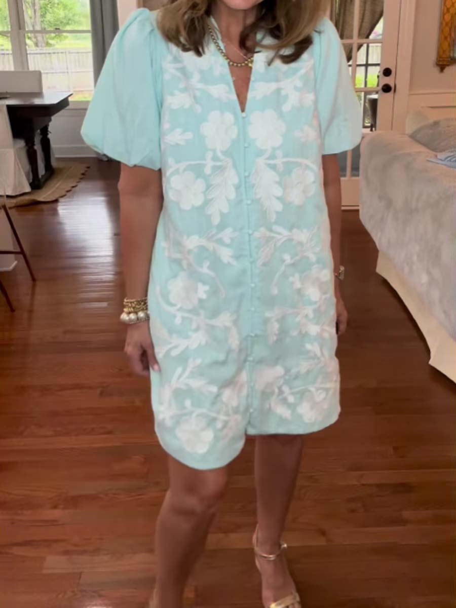 Button Up Embroidered Mini Dress