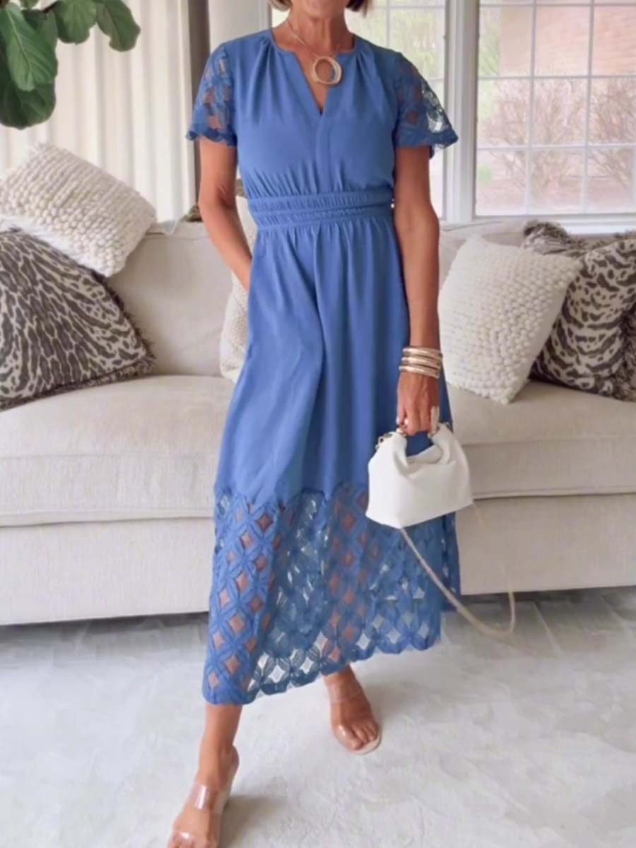 V-neck Lace Patchwork Maxi Dress