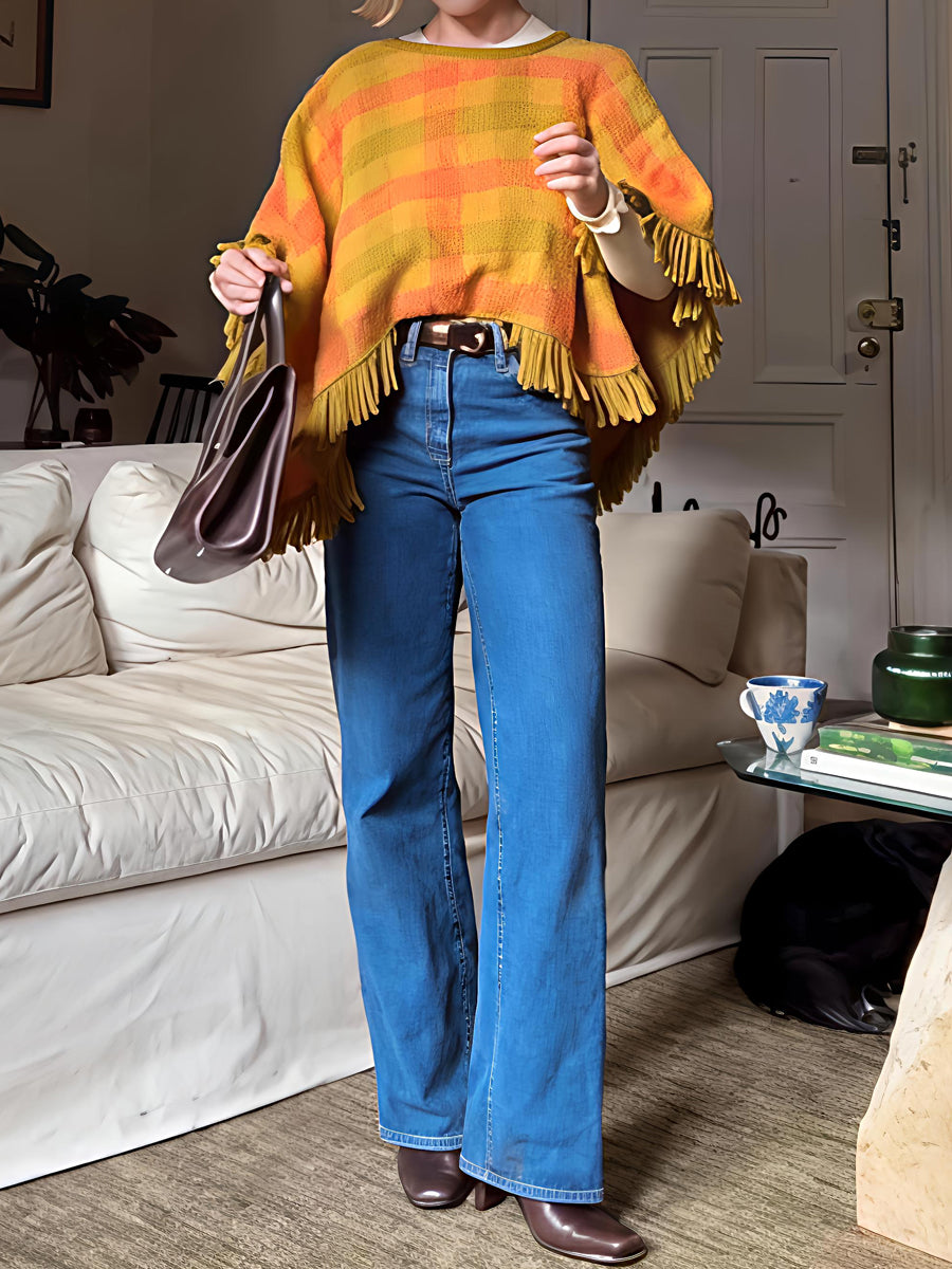 Plaid Print Tassel Hem Mohair Shawl