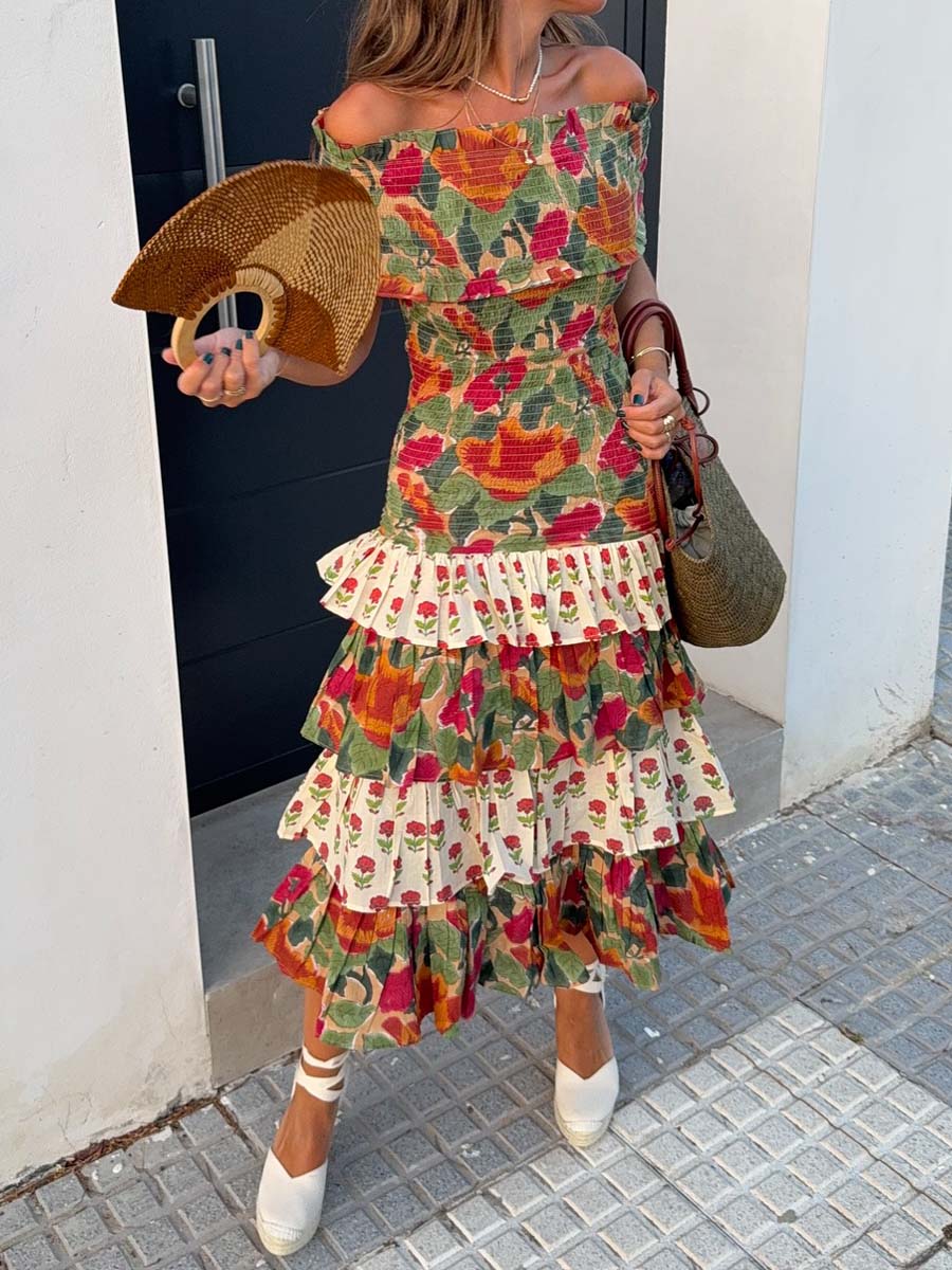 Floral Print Off Shoulder Fold Dress