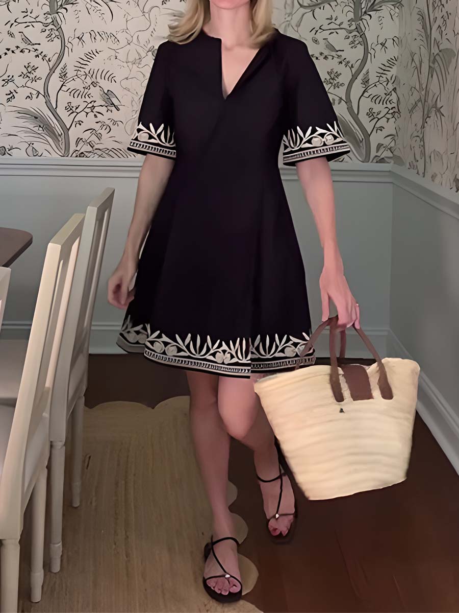 Embroidered Split Neck Mini Dress