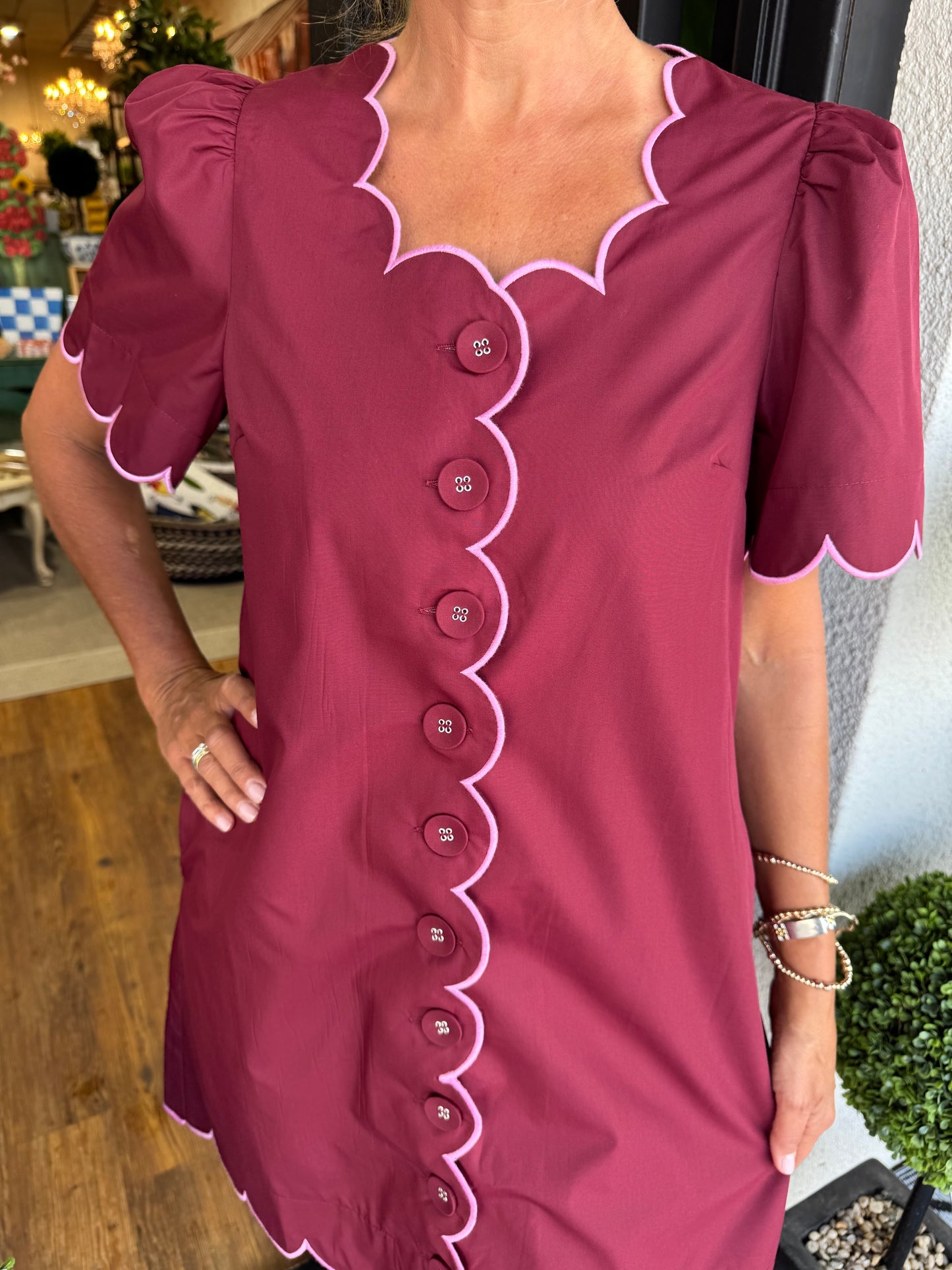 Emerald Scallop-Trim Button Dress