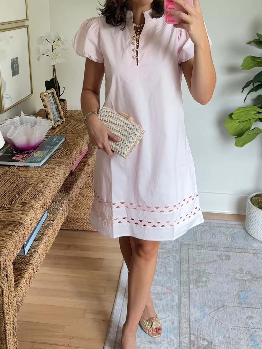 Button Front Puff Sleeve Mini Dress