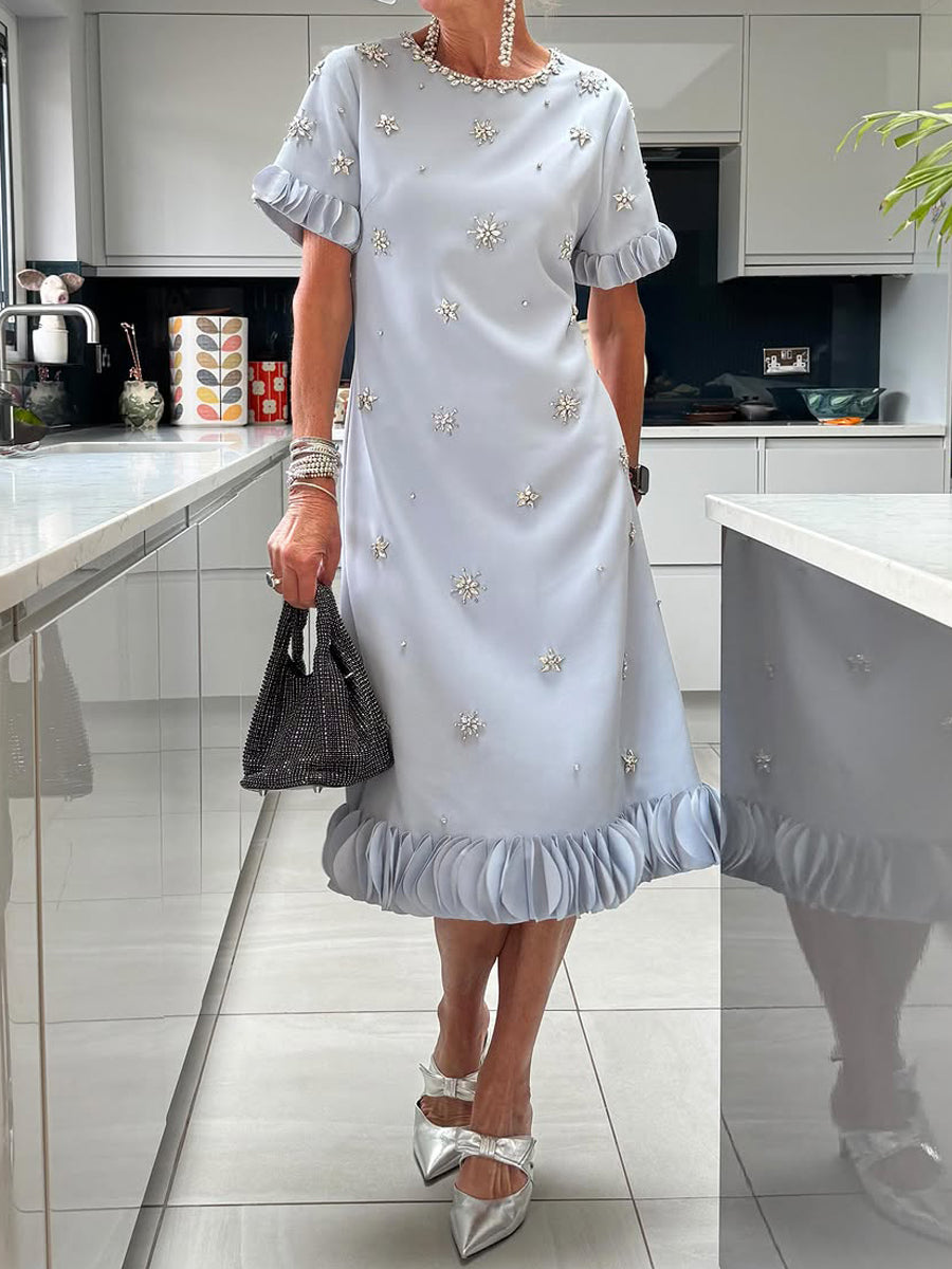 Elegant Beaded Floral-Trim Dress