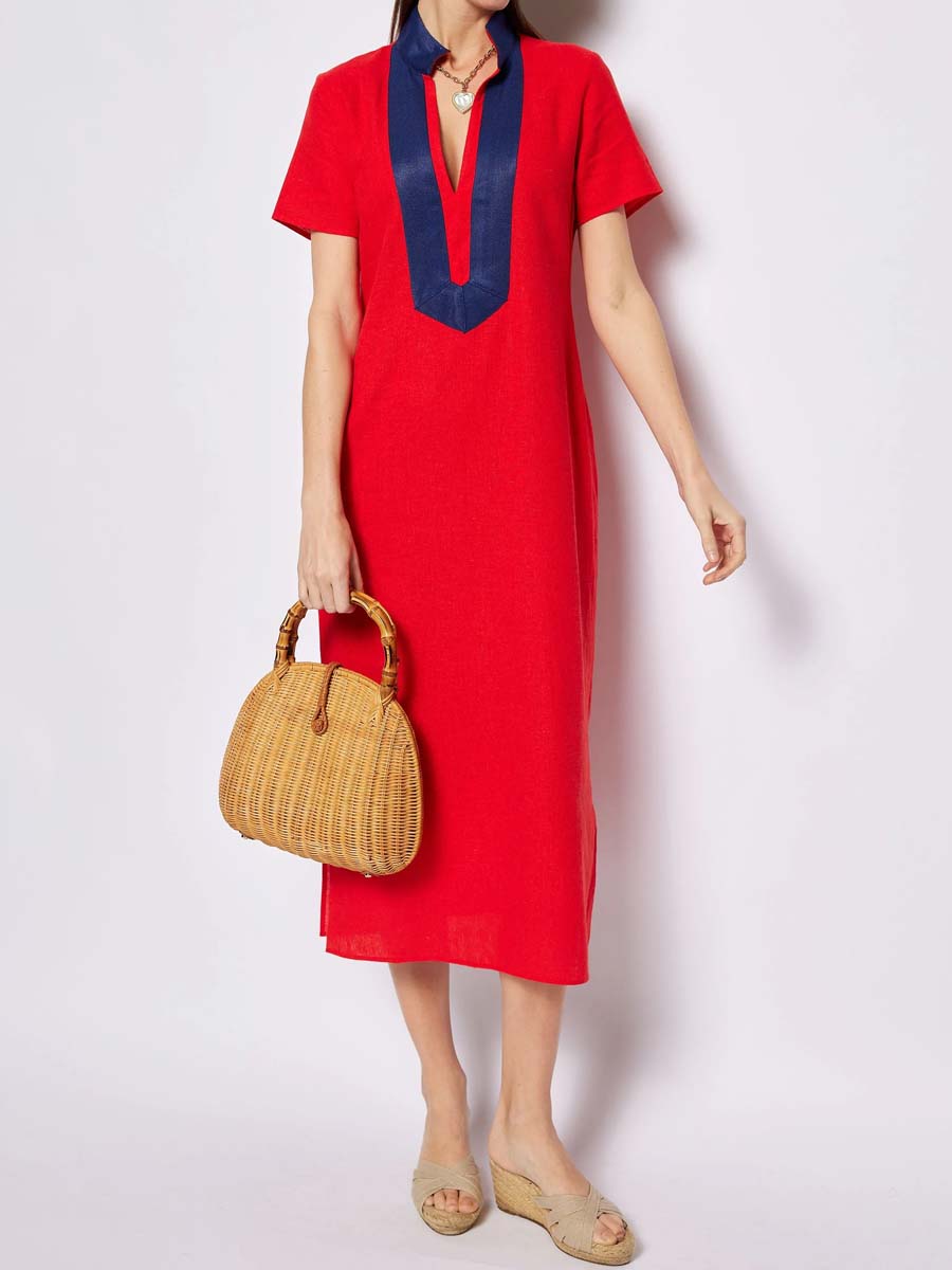 Grosgrain Trim At Collar V-neck Dress