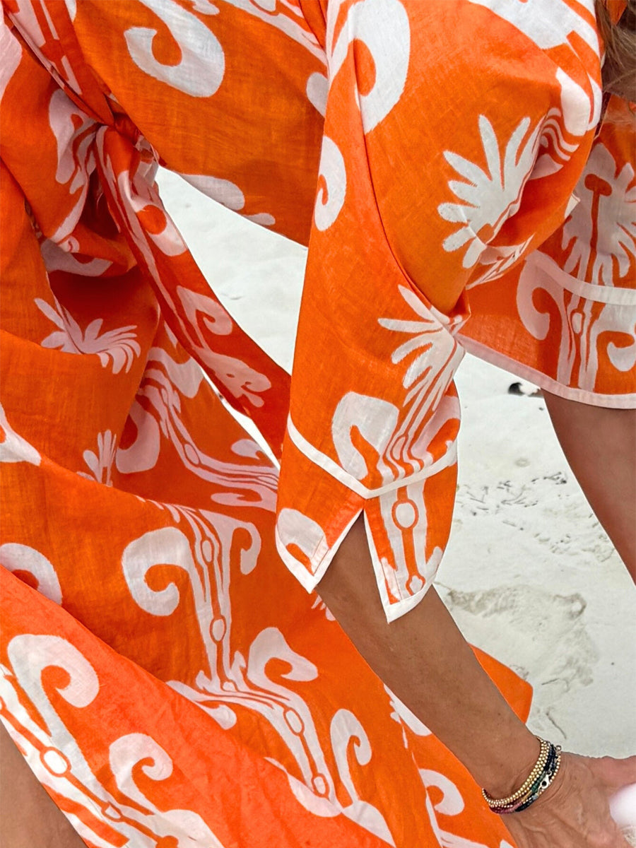 Split Neck Printed Belted Maxi Dress