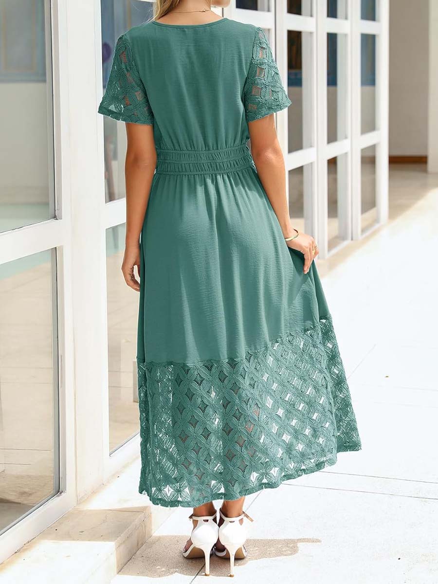 V-neck Lace Patchwork Maxi Dress