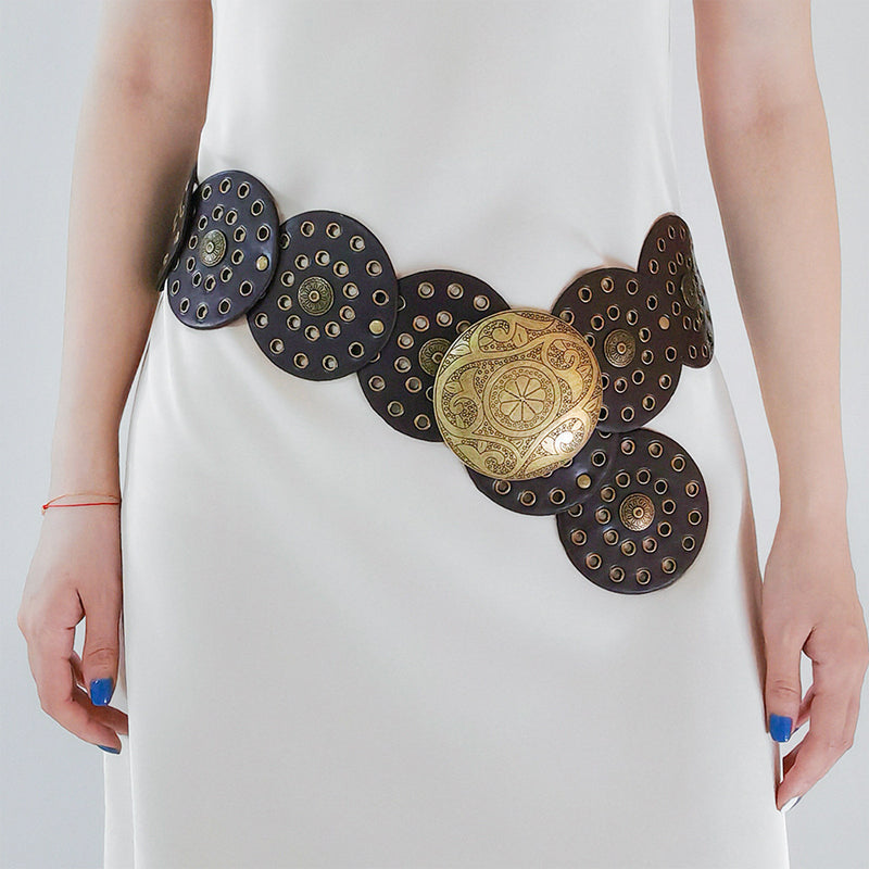 Retro Exaggerated Round Cutout Metal Wide Belt