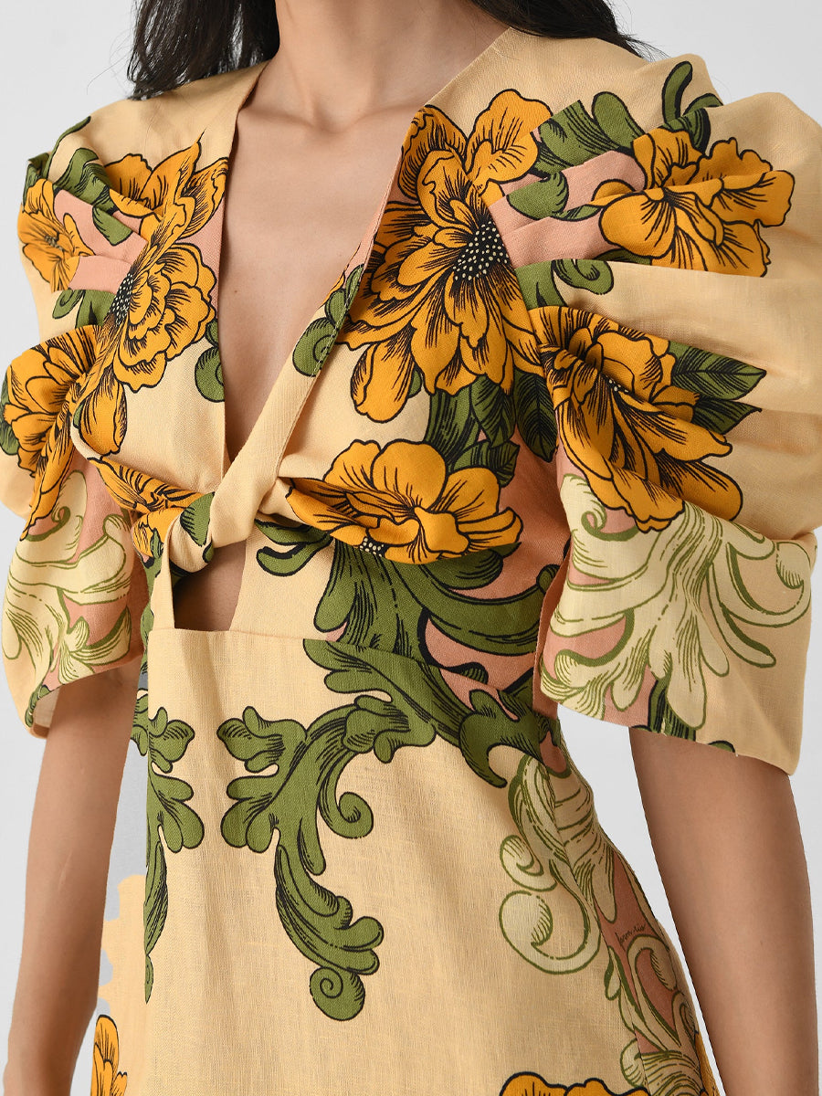 Knotted Printed Short Sleeve Midi Dress