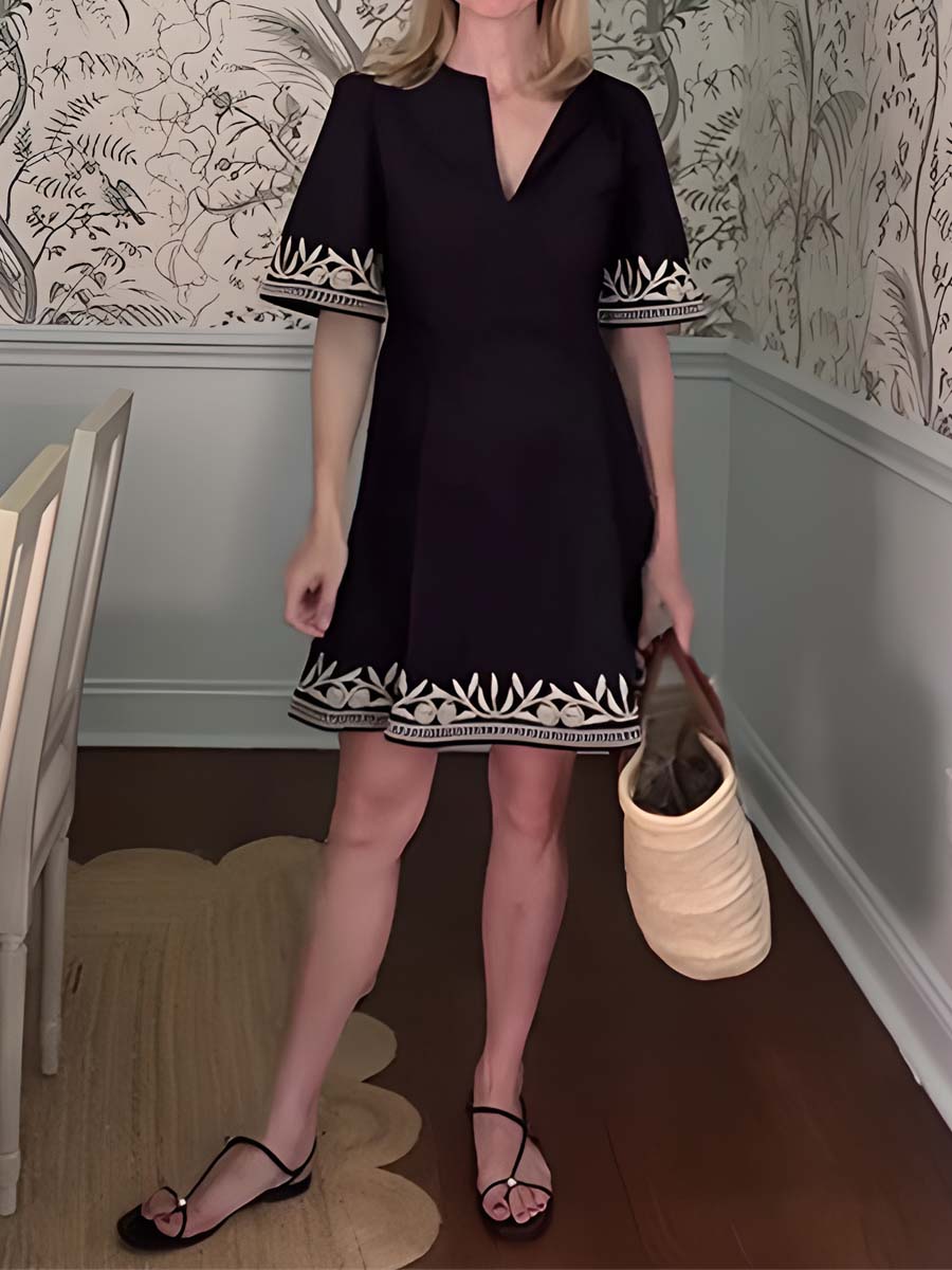 Embroidered Split Neck Mini Dress