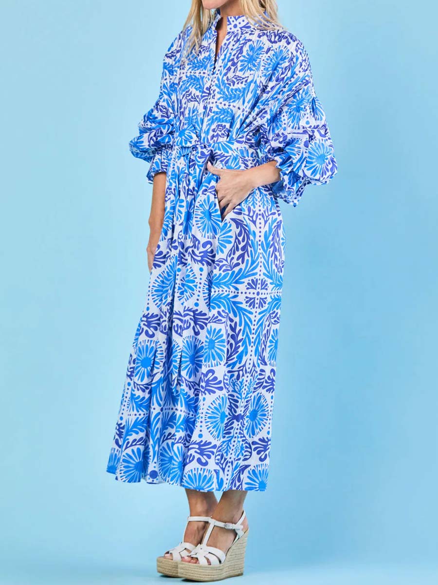 Printed Long Sleeve Belted Dress