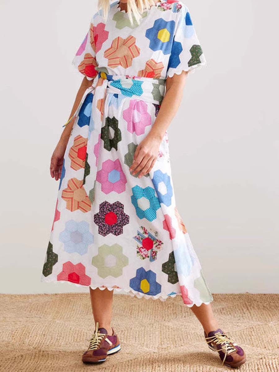 Printed Loose Casual Lace-up Dress