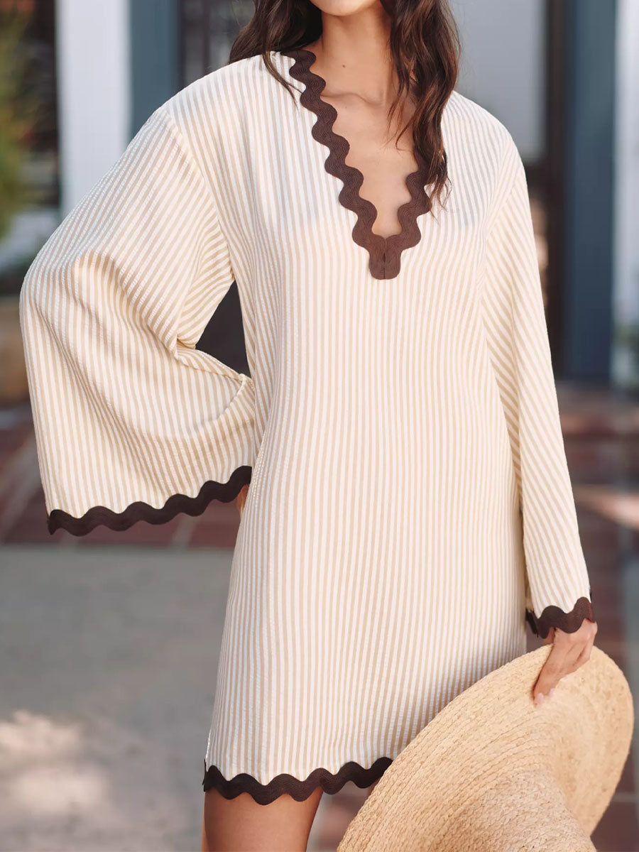Long Bell Sleeves V-neck Patchwork Dress