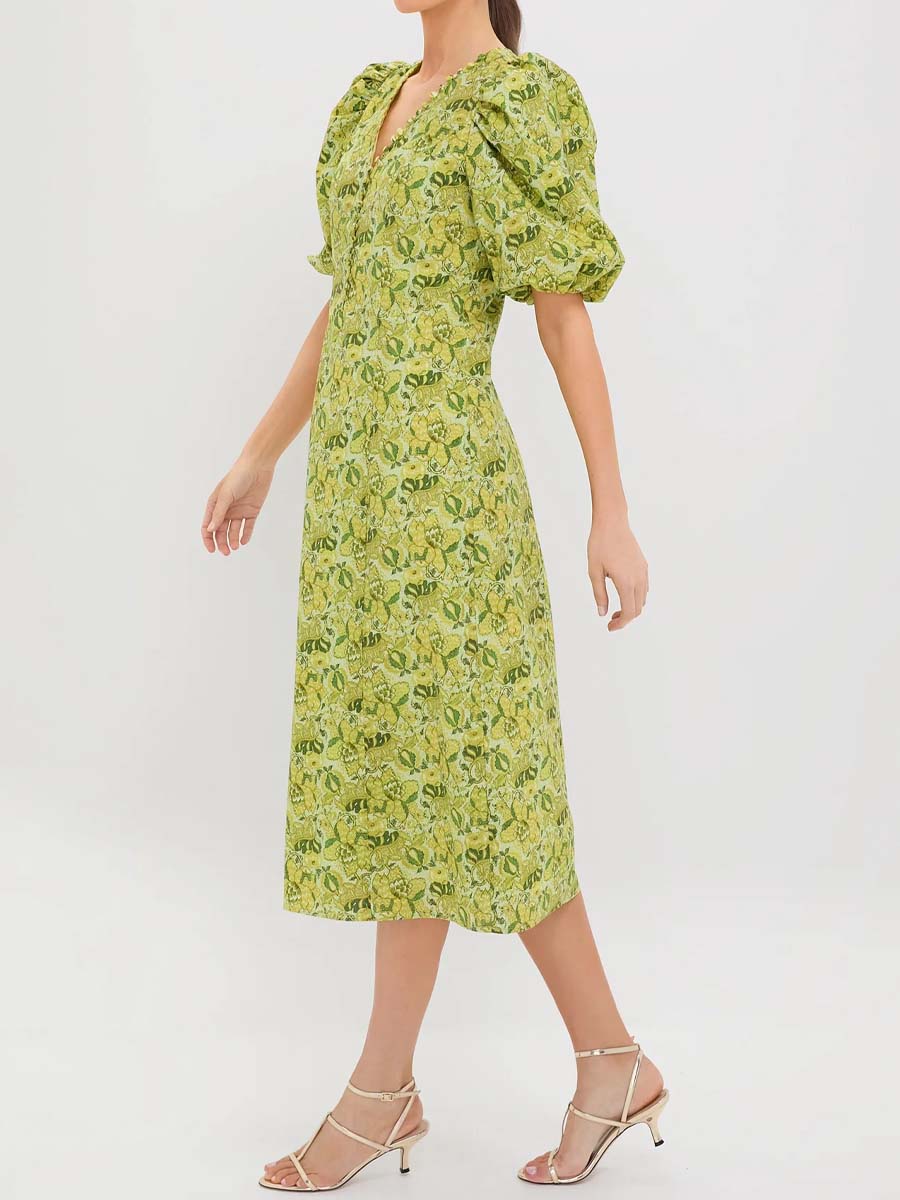 Floral Print V Neck Puff Sleeve Dress