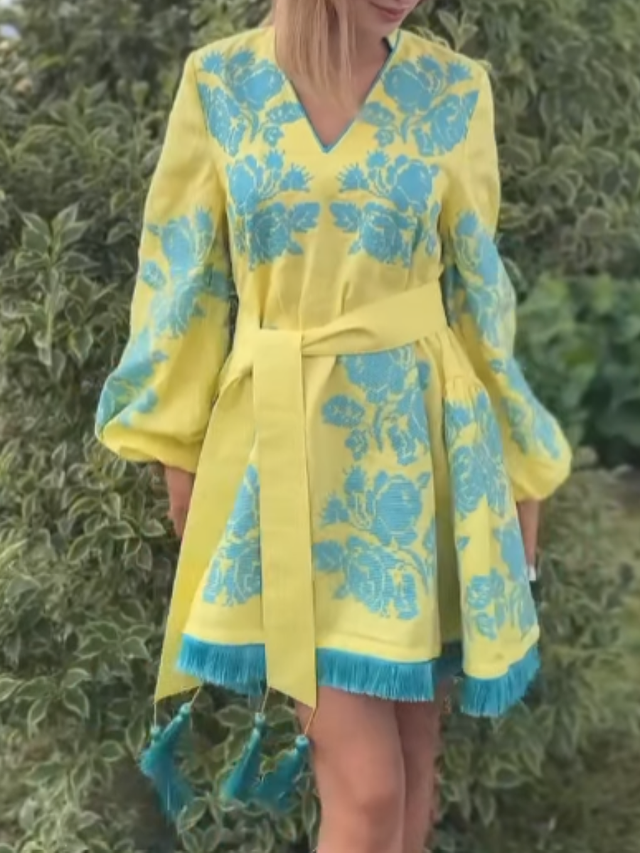 Embroidered V-neck Tie-waist Mini Dress