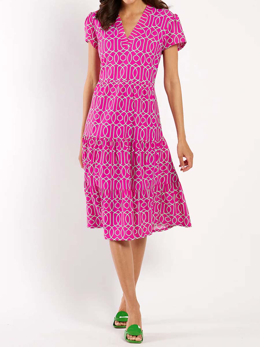 Printed V Neck Short Sleeve Dress