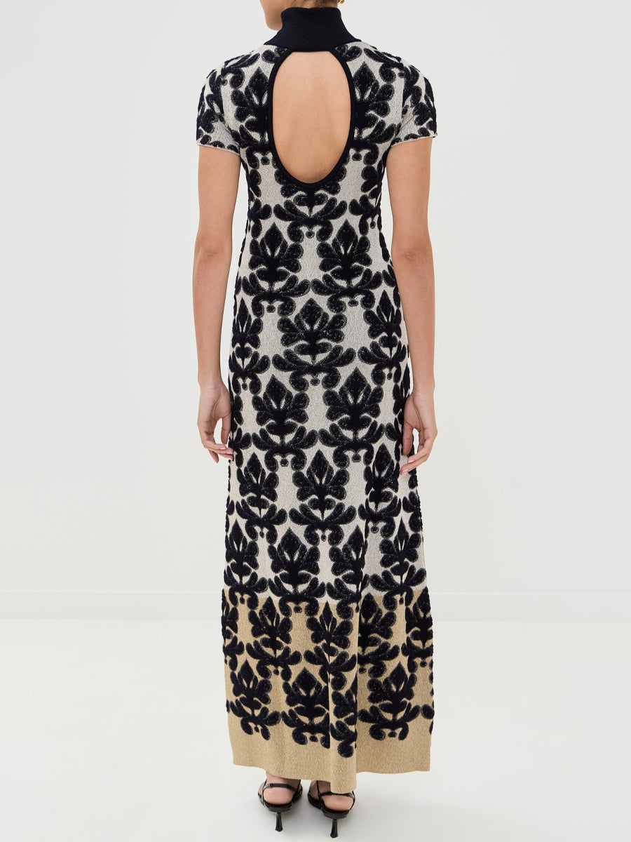 Mock Neck Open Back Short Sleeves Maxi Dress