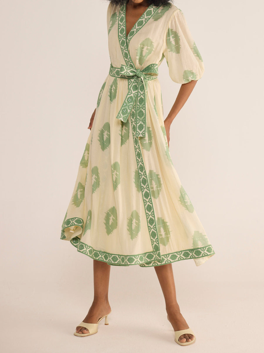 Printed Belted V Neck Wrap Dress