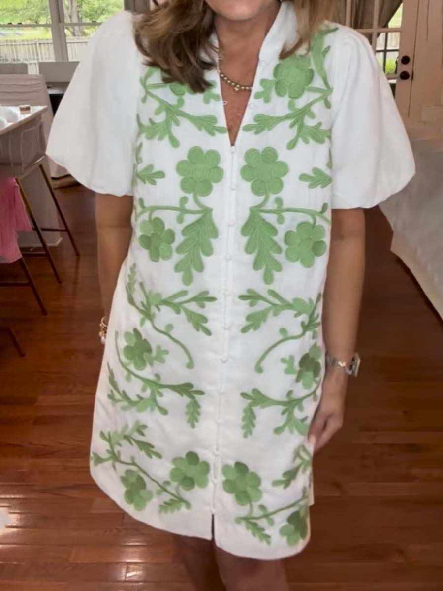 Button Up Embroidered Mini Dress